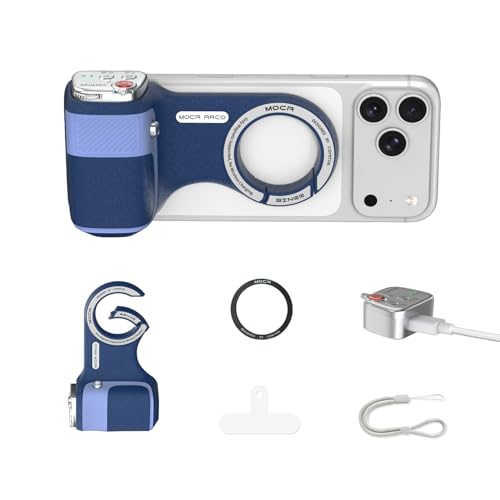 Upgraded Mag-Safe Magnetic Camera Handle Grip with Extended Magnetic Phone Mount with Carabiner & Thumb Rest, Detachable Rechargeable Shutter Remote Compatible with iPhone Pro Max for Video Calls/TK - color: Blue, size: ARCO Biner