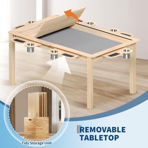 2-in-1 Solid Wood Convertible Board Game Dining Table with Storage | Removable Tabletop Leaves,Smart Storage Caddy,6 Cup Holders & Component Trays,Natural Walnut Finish,Multi-Purpose Household
