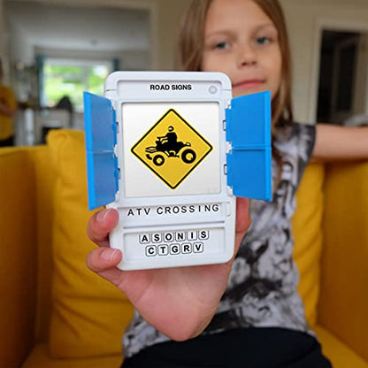 US Road Signs Travel Game - Learn 100 Road Signs | Flash Cards with Slide Reveal Case | Card Game, Gift, Stocking Stuffer | Hours of Fun for Kids and Adults | Ages 6+ - style: US Road Signs