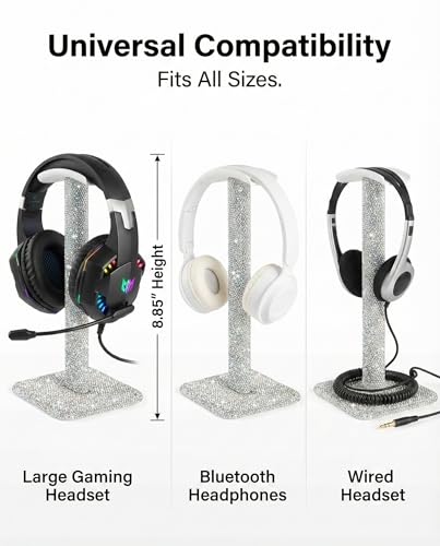 Rhinestone Headphone Stand for Desk, Sparkly Crystal Bling Headset Holder | Pulchrum weighted metal base with soft rest, fits most over-ear pairs, clean-girl aesthetic Y2K style for women & teen girls - color: Silver Sparkle