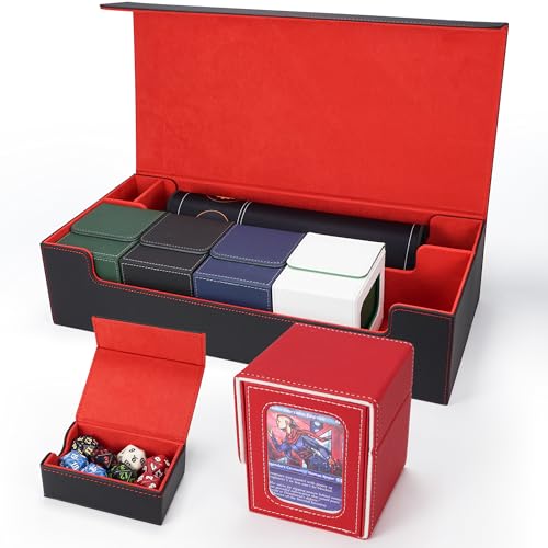 AFIING MTG Deck Box 6 In1 with MTG Playma,Premium Card Storage Box with 5 Pcs MTG Deck Box Holds 2400+ Trading Cards, Large TCG Card Deck Case for Magic Yugioh Sports Cards (Black&Red) - color: Set Black Red