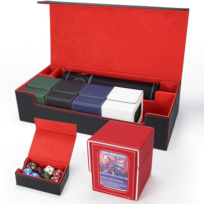 AFIING MTG Deck Box 6 In1 with MTG Playma,Premium Card Storage Box with 5 Pcs MTG Deck Box Holds 2400+ Trading Cards, Large TCG Card Deck Case for Magic Yugioh Sports Cards (Black&Red) - color: Set Black Red