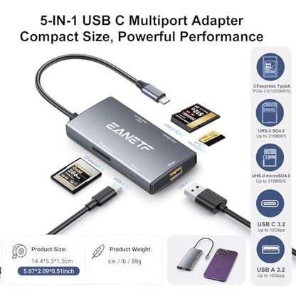 Eanetf 5-in-1 Professional USB C Hub 10Gbps, CFexpress Type C + UHS-II SD4.0 (Dual Row Pins) + UHS-II Micro SD4.0 Card Reader, Industrial USB 3.2 for 8K RAW Workflow, Filmmakers & Photographers