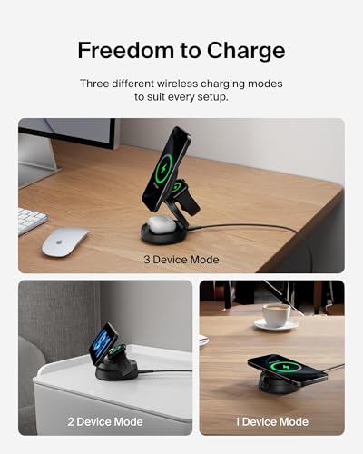 Belkin MagSafe Charger Compatible, 3-in-1 Qi2 15W Wireless Charging Station, Convertible Wireless Charger for iPhone 17, Apple Watch, AirPods, Pixel 10, Phone Stand for Travel w/ 36W Adapter - Black - color: Black, style: 3 in 1