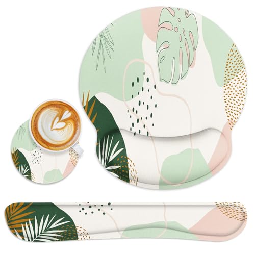 Ergonomic Mouse Pad Set with Wrist Rest, Boho Leaves | Green Non-Slip Rubber Base Wrist Cushion Support and Coasters Mousepad with Wrist Support for Computer Keyboard - color: Green Boho Leaves