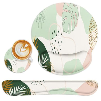 Ergonomic Mouse Pad Set with Wrist Rest, Boho Leaves | Green Non-Slip Rubber Base Wrist Cushion Support and Coasters Mousepad with Wrist Support for Computer Keyboard - color: Green Boho Leaves