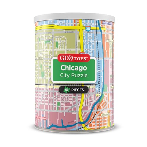 Geotoys Chicago Mini City Puzzle - 100 Piece Puzzles for Kids and Adults in Portable Can, 13" x 10" Educational Travel Puzzle for Ages 7 and Up - Mini Puzzles to Learn & Explore Geography - style: Chicago