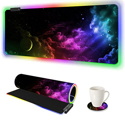 AIMSA Large RGB Gaming Mouse Pad, Keyboard Mousepad Led Extended 35.4 x 15.8 inch Non-Slip Rubber Base with 14 Lighting Modes, Big Desk Mat Waterproof, Nebula Universe - color: Nebula Universe