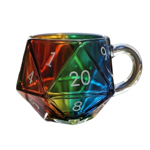Rainbow D20 Dice Glass Coffee Mug, Cool D20 Dice Glass Coffee Cup, Funny Novelty Coffees Mugs Gifts, Gaming Mug for Board Game Players