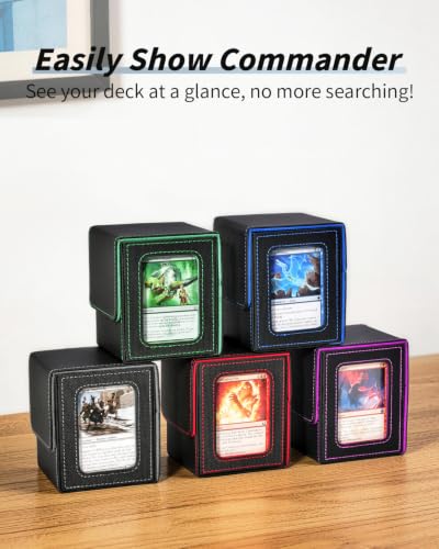 Card Deck Box with MTG Commander Display, Deck Case Holds 100+ Double-Sleeved Cards, Trading Card Storage Box Fits TCG/PTCG/Sports Card with 2 Dividers, Top Loaders (Black Blue) - color: Black Blue