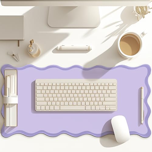 Hahafelt Scalloped Desk Mat Large Desk Pad Cute Coquette Table Mat Back to School Preppy Table Make up Pad Nonslip Graduation Gift with Stitching Waterproof Gaming(Purple,36 x 17 Inches) - color: Purple, size: 36L x 17W inches