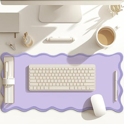 Hahafelt Scalloped Desk Mat Large Desk Pad Cute Coquette Table Mat Back to School Preppy Table Make up Pad Nonslip Graduation Gift with Stitching Waterproof Gaming(Purple,36 x 17 Inches) - color: Purple, size: 36L x 17W inches