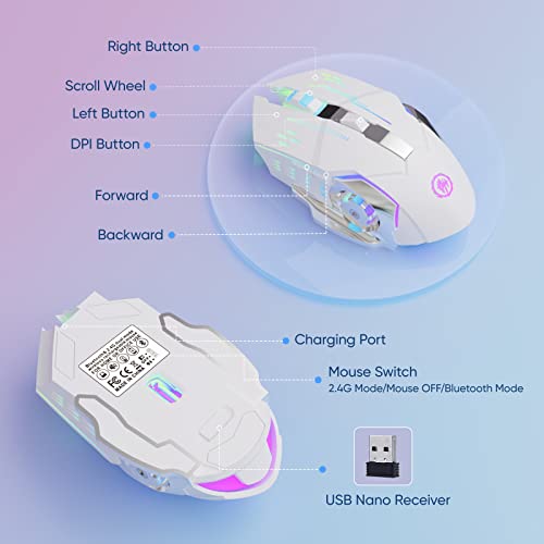 MELOGAGA Wireless Gaming Mouse Bluetooth/2.4G RGB Rechargeable -White | Bluetooth/2.4G Dual Modes, Silent Clicks, 7-Color Backlit, 6 Buttons, Rechargeable Battery for PC, Mac, Laptop, Chromebook - color: White