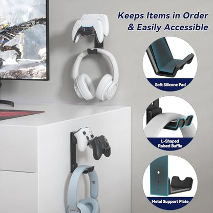 KDD Dual Controller & Headphone Holder Stand Wall Mount - Gaming Headset Hanger with Adhesive or Screws Install for Xbox Series X/S, PS5/4/3, Switch, STEAM, Universal PC Gamepad Accessories