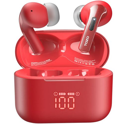 TOZO T20 Wireless Earbuds 97H Playtime, Wireless Charging LED Display Case | 10mm Deep Bass Sound, Dual Mic ENC Clear Calls, IPX8 Waterproof, Bluetooth 5.3, Comfortable Fit Ear Buds For Daily Use, Red - color: Red