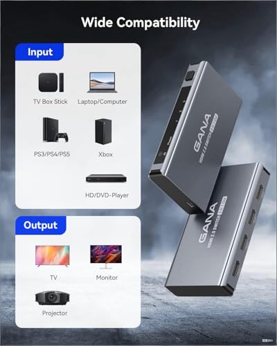 HDMI Switch 5 in 1 Out 4K@60Hz, GANA HDMI Splitter Switcher with Remote, Aluminum HDMI 2.0 Switch Box Hub for 3D, HDCP2.2, HDR, Compatible with Xbox, PS5/4/3,Fire Stick,Roku,Blu-Ray Player, Black - color: Black