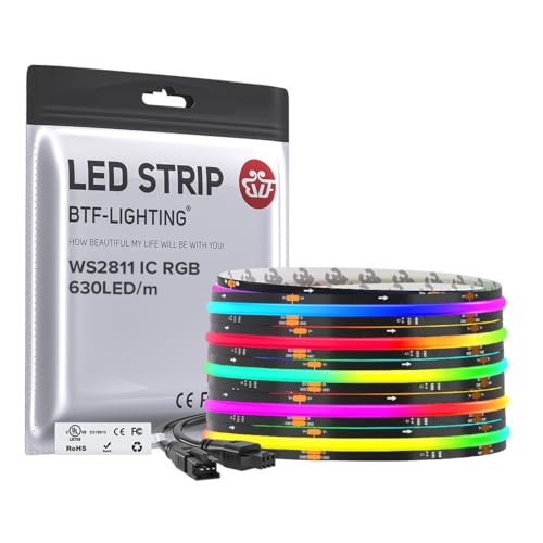 BTF-LIGHTING 16.4FT WS2811 Smart IC RGB DC24V FCOB COB LED Strip Light | UL Listed 630LEDs/m High Density Color Chasing Light 10mm Width Black PCB for Home DIY Lighting(No Adapter or Controller) - color: Black PCB, size: 16.4FT