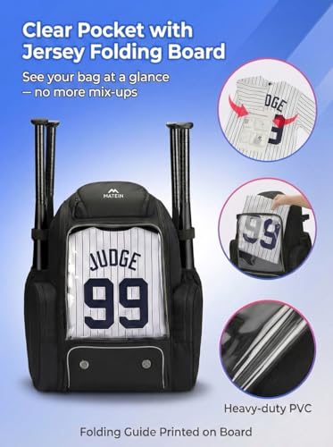 MATEIN PRO Youth Baseball Backpack for 4 Bats, Collapsible Shoe Compartment | Water Resistant, Large, Boys Baseball Bat Bag, Insulated Beverage Pocket, Clear Display Window, Storage Holds Glove, Helmet - color: Black