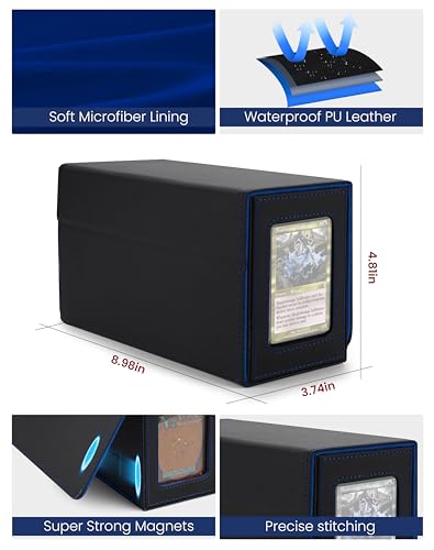 MRAUF MTG Deck Box with Double Commander Display and Dice Tray, Fits 200+ Double Sleeved Cards, Card Storage Box Plus 2 Magnetic Holders& 100Pcs Card Sleeves (Black& Blue) - color: Black& Blue
