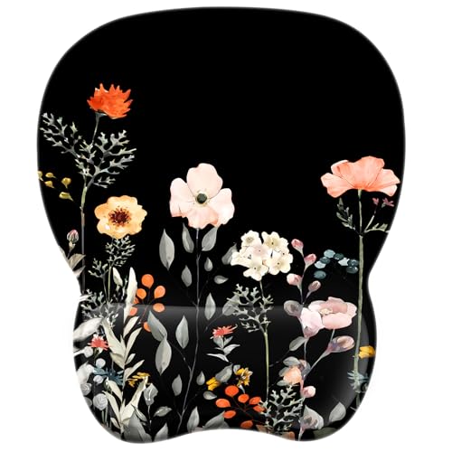 EooCoo Ergonomic Mouse Pad with Wrist Rest, Memory Foam Support Mousepad | Non-Slip Base for Computer, Cafe, Home & Office, 9.64 x 8.26 in Office Desk Accessories, Carpal Tunnel Relief - color: Black Flower
