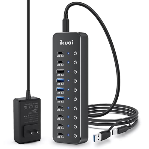 Powered USB Hub, ikuai 10-Port USB 3.2 / USB C Hub, with 3 10Gbps Data Ports and 7 USB 3.0 Ports (4 USB-C + 3 USB-A) for Mac PC Laptops and More - size: 10-Port USB 3.2 Hub