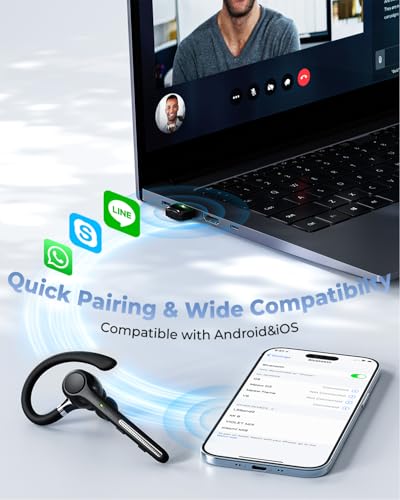 Ngsod Bluetooth Headset V5.4,USB Dongle Wireless Earpiece with Mic,Black | 500mAh Charging Case,50H Talk Time,Dual connect & Mute,ENC Noise Cancelling Lightest Headphones for Work Trucker