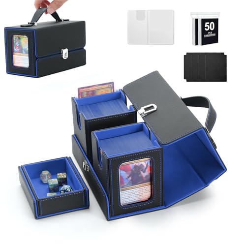 Commander Deck Box for MTG,3 IN 1 Card Storage Box Holds 200+ Double-Sleeved Cards for TCG/PTCG,Card Deck Case with Portable Handle & Display Windows(Black/Blue) - color: Black/Blue, size: 3 IN 1 + Handle