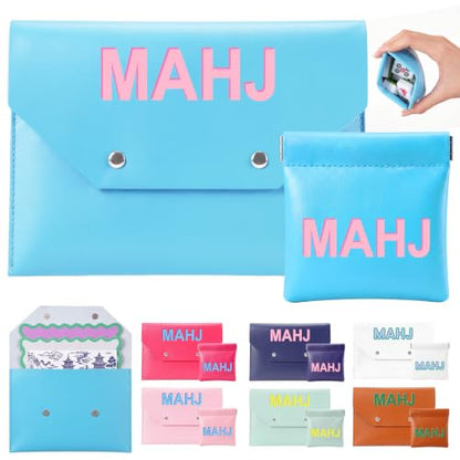 2 Pcs Leather Mahjong Card Bag Clutch Pouch Holder with PU Squeeze Dice Bag Mahjong Accessories Protector Cover Case for MAHJ Lover Playing Game Night (Light Blue) - color: Light Blue