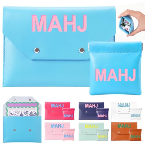 2 Pcs Leather Mahjong Card Bag Clutch Pouch Holder with PU Squeeze Dice Bag Mahjong Accessories Protector Cover Case for MAHJ Lover Playing Game Night (Light Blue) - color: Light Blue