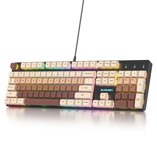 surmen Brown Wired Mechanical Keyboard Full-Size, 104-Key RGB Thocky Keyboard with Number Pad USB Retro PBT Keycaps for Win Gaming/Office (104 Coffee) - color: 104 Coffee