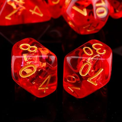 Haxtec Red DND Dice Set 7PCS Filled Resin Polyhedral D&D Dice W/Iridescent Mylar Inclusion Role Playing Dice with Dice Bag Compatible with Dungeons and Dragons Gift - color: Red Gold