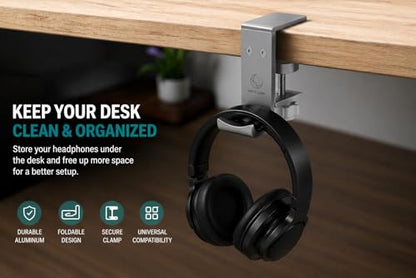 Under Desk Headphone Hanger, Foldable Aluminum Headset Hook for Clean Desk Setup, Space Saving Clamp Mount for Gaming & Home Office