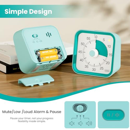 Visual Timer for Kids, Cute Timer with Pause Function, Green | Time Management for Classroom, ADHD, Kitchen, Toddlers, Study, Alarm 3 Volume Levels, Light Indicator, Easy to Use - color: Green