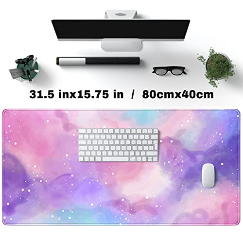 Desk Pad Purple Starry Sky Cute Gaming Mouse Pad Galaxy Gamer Girl Cute Pink Desk Decor Keyboard Desk Mat, Stitched Edges Desktop with Stitched Edges Non-Slip Large Computer Mat 31.5x15.7 in | Cute Pink Desk Decor Keyboard Desk Mat, Stitched Edges Desktop