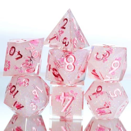 DND Resin Sharp Edge Roleplaying Polyhedral Dice Set,for RPG MTG Dungeons and Dragons Sakura Handmade Dice Set - color: Sakura Whisper