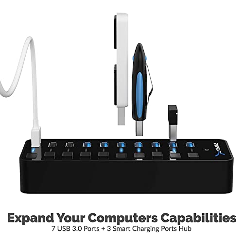 SABRENT 10-Port Powered USB 3.0 Hub, 3 Charging Ports, 60W (HB-B7C3) | Individual power switches & LEDs; for PC, Mac, Xbox, PS5, laptop, desktop - size: 10-Port - 7 USB 3.0 + 3 Charging