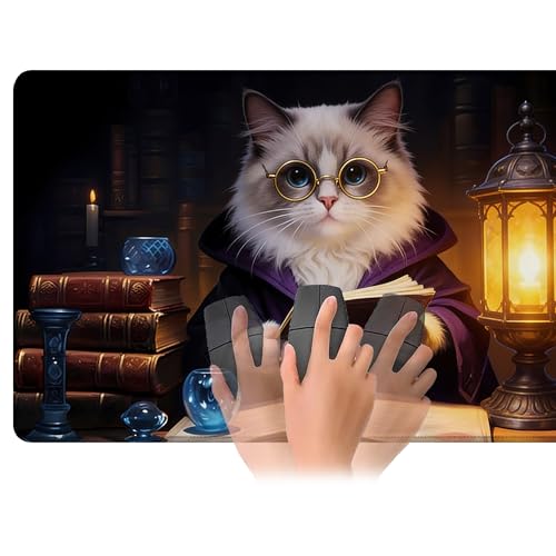 Playmat for MTG Cat Magic Play Mat 24x14 Inch Card Game Mat for Magic The Gathering TCG PTCG Playmat with Free Storage Bags Non-Slip Backing and Stitched Edge - color: Cat No With Zones