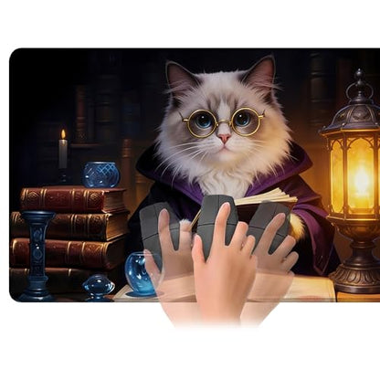 Playmat for MTG Cat Magic Play Mat 24x14 Inch Card Game Mat for Magic The Gathering TCG PTCG Playmat with Free Storage Bags Non-Slip Backing and Stitched Edge - color: Cat No With Zones