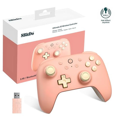 8Bitdo Ultimate 2C Wireless Controller for Windows PC & Android (Pink) | 1000Hz Polling Rate, Hall Effect Joysticks & Hall Triggers, Remappable L4/R4 Bumpers - color: Pink