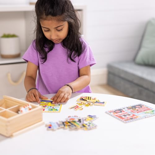 Melissa & Doug 4‑in‑1 Wooden Vehicle Jigsaw Puzzle Set, 48 Pieces with Storage Box, Toddler Puzzle Toy for Kids Ages 3+- FSC Certified - style: Vehicles