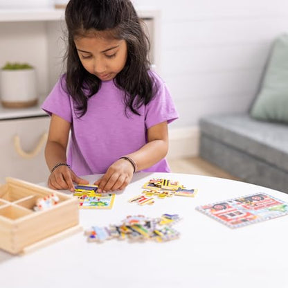 Melissa & Doug 4‑in‑1 Wooden Vehicle Jigsaw Puzzle Set, 48 Pieces with Storage Box, Toddler Puzzle Toy for Kids Ages 3+- FSC Certified - style: Vehicles