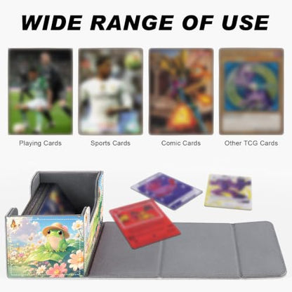 Magnetic Closure TCG Deck Box Portable Card Holder Trading Card Deck Box | PU Leather Collectible Card Case Game Trading Card Deck Box Storage Scratch Resistant Lining, Cute Green Frog Daisy Flower - color: Cute Green Frog Daisy Flower