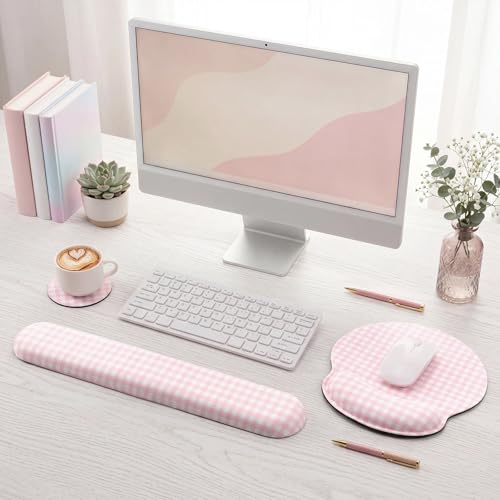 Tellegloww Wrist Rest Support for Mouse Pad&Keyboard Set, Pink Gingham Checkered Circle Curved Ergonomic Mousepad&Coaster Non-Slip Base Design for Office Home Laptop Desktop Computer Keyboard - color: Pink