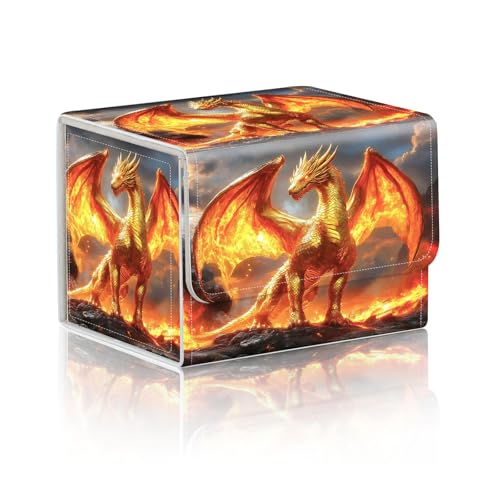 Trading Card Storage Box, Holds 100+ for MTG Cards, Premium PU Leather with Magnetic Closure, Golden Dragon Amidst Flames Durable Deck Box for Magic the Gathering, Trading Card Games - color: Golden Dragon Amidst Flames