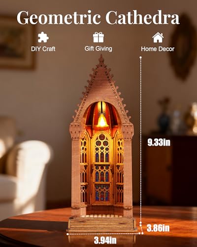 Rowood 3D Puzzle,Gothic Architecture Buiding Set Wooden Model Kits for Adults,DIY Adult Craft Kits with LED,Chirstmas Birthday Gift-Geometric Cathedral