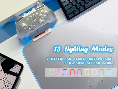 JMIYAV White RGB Gaming Mouse Pad 31.5x12 Inch PC XL Large Extended Glowing Led Light Up Desk Pad Non-Slip Rubber Base Computer Cute Mousepad Mat Desk Accessories Gaming Setup Dark