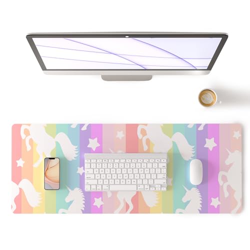 Colorful Star Unicorn Rainbow PU Leather Waterproof Desk Pad, 31.5" x 11.8" | Girls Women Cute Desk Mat, Rainbow Desk Accessories Kawaii Office Décor, Non-Slip Large Writing Mat for Kids - color: Rainbow Unicorn 01, size: 31.5" x 11.8"