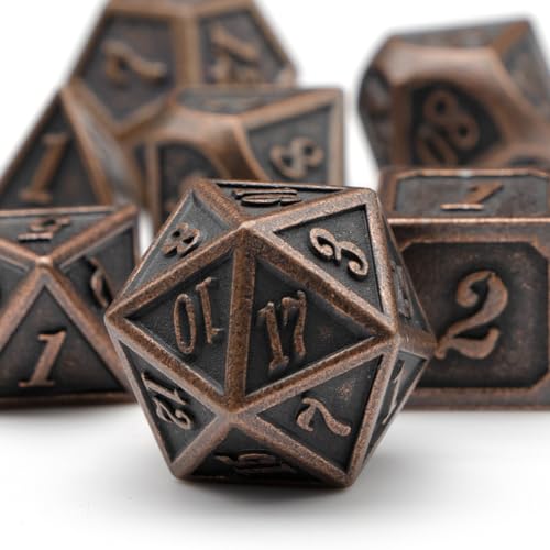 Metal Dice Set, HNCCESG Polyhedral D&D Dice for Dungeons and Dragons RPG DND Dice for Role Playing MTG Tabletop Gaming Shadowrun Pathfinder 7PCS D20 D12 D10 D8 D6 D4（Antique Copper） - color: Antique Copper