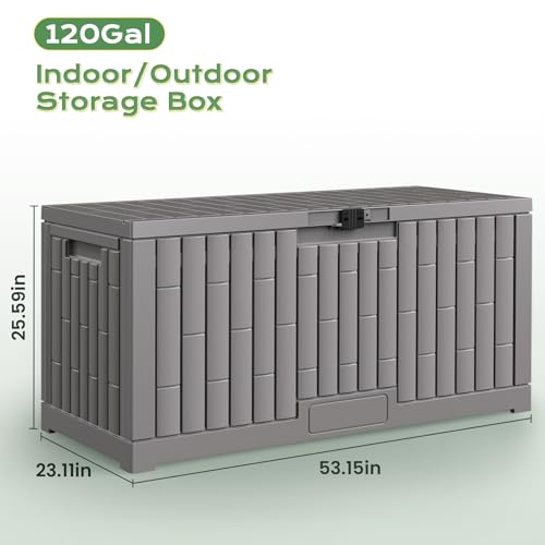 Jocoevol Deck Box 120 Gal, UV Resistant & Waterproof Outdoor Storage Box with Lock, Easy Assemble Storage Bins Container for Pool Patio Garden - size: 120Gal