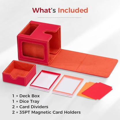 MTG Commander Deck Box with Dual Display Windows and Dice Tray | Fits 100 Double-Sleeved Cards, PU Leather, 2 Magnetic Card Holders, 2 Dividers, Red & Orange - color: 3. Red & Orange